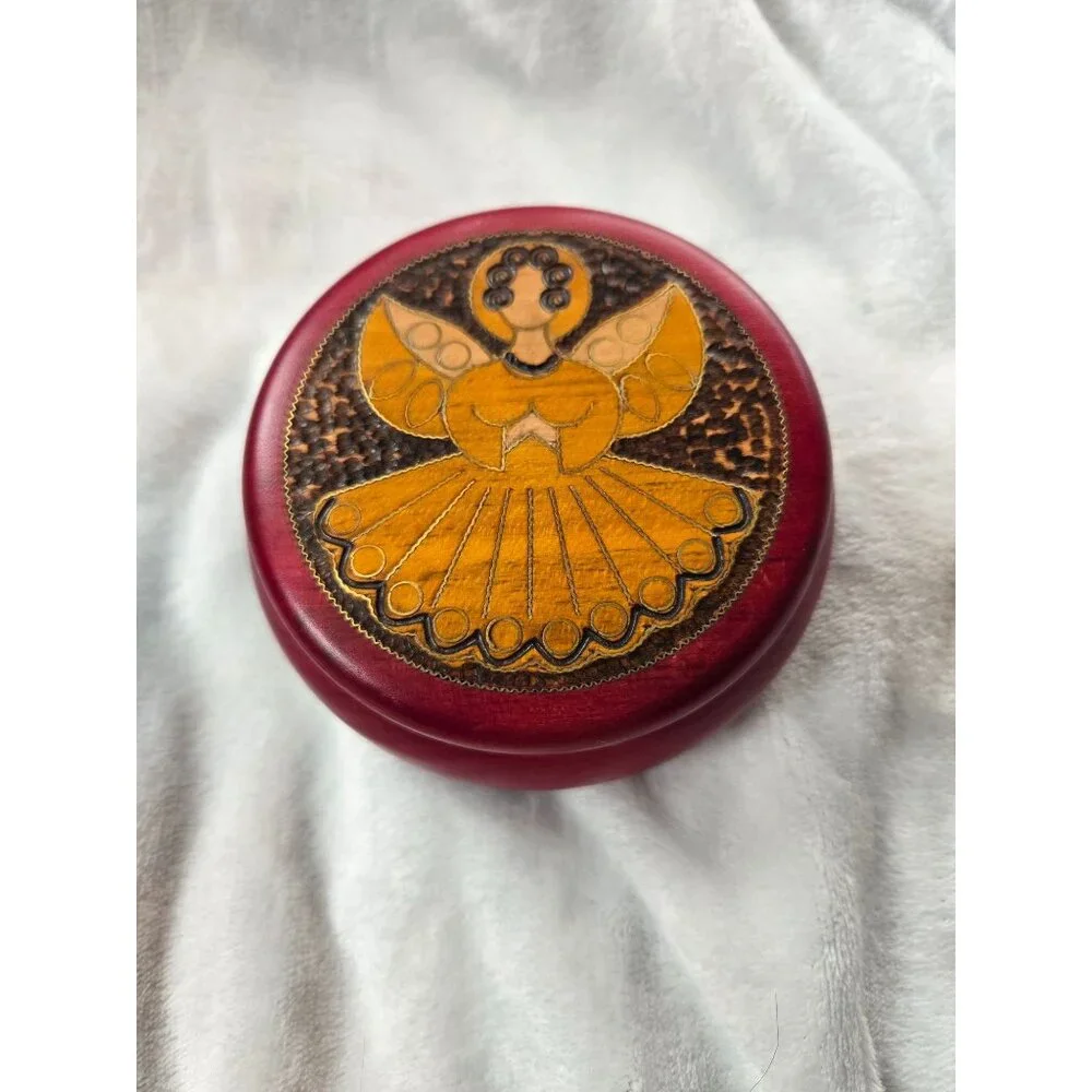 Polish Wooden Trinket‎ Box Angel Hand Crafted Design Red Finish Village House
